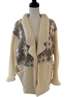 Vtg Women's Oversized Knit Cardigan Star Intarsia Shawl Collar Retro 2 Pocket M